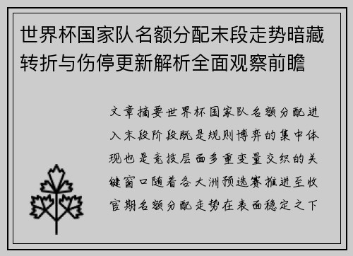 世界杯国家队名额分配末段走势暗藏转折与伤停更新解析全面观察前瞻